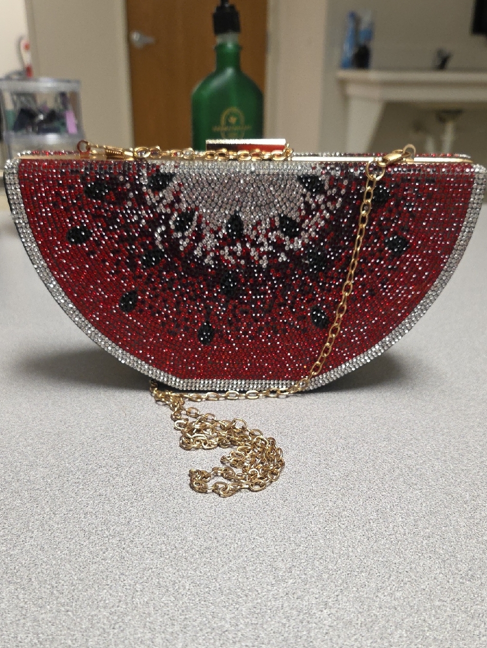Red Crystal Watermelon Clutch with Gold Chain